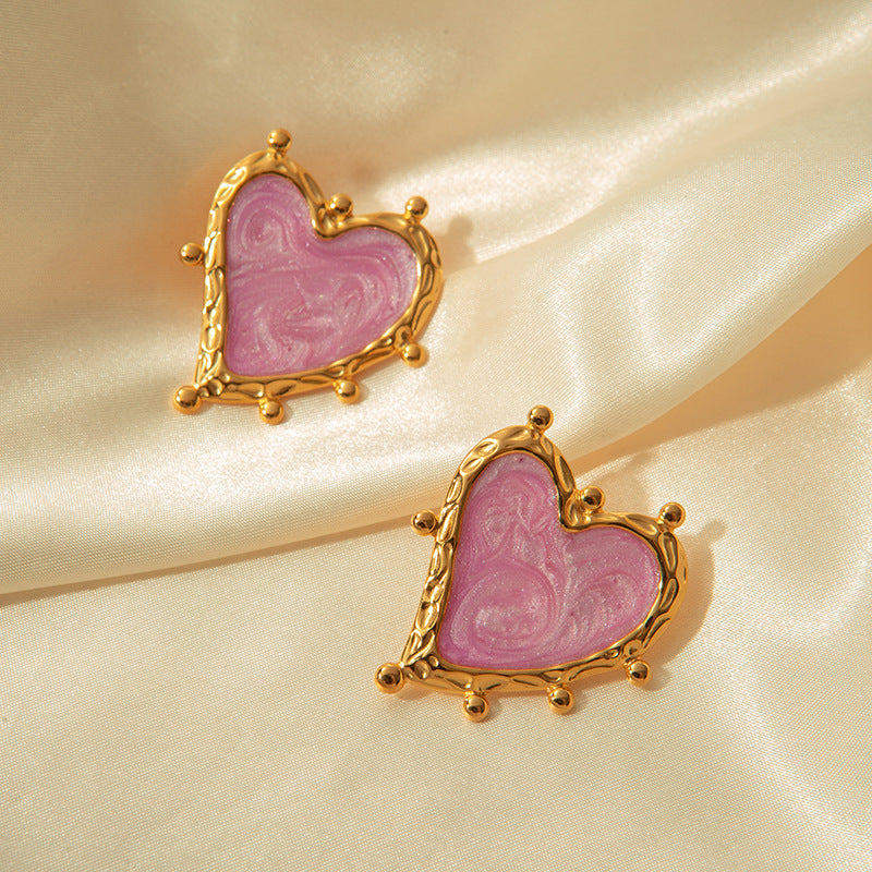 Violet Charm: Retro Stainless Steel Love Earrings