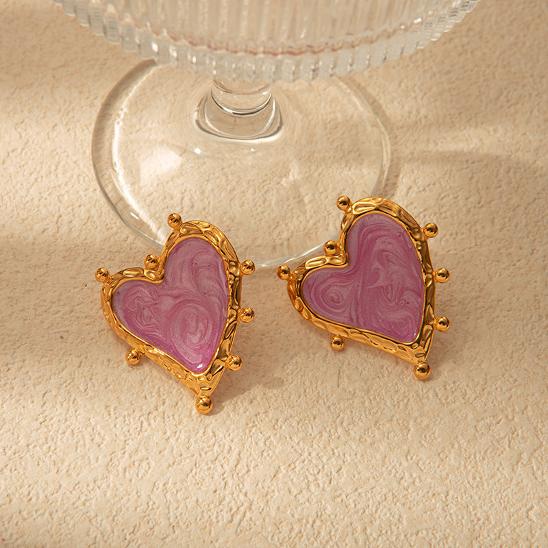 Violet Charm: Retro Stainless Steel Love Earrings