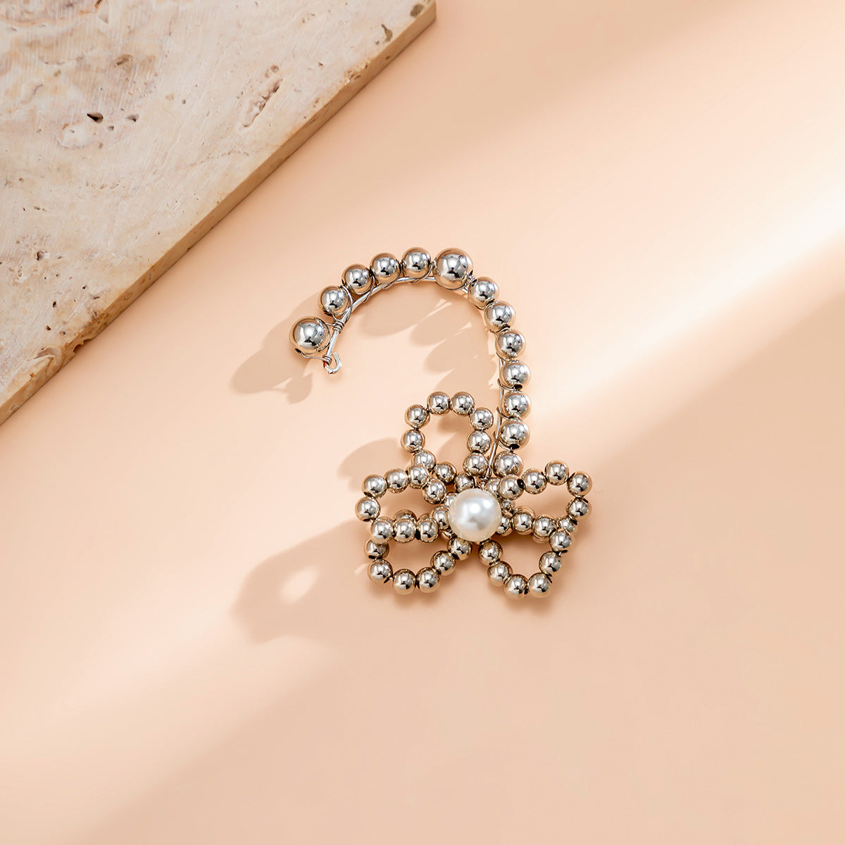 Pearl Bloom: Geometric Beaded Ear Cuff with Pearl Accent