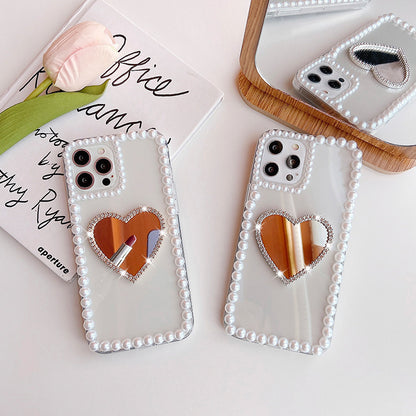 Love Reflection: Pearl and Rhinestone Heart Mirror Phone Case