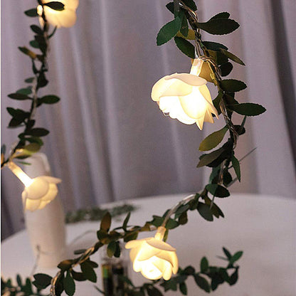 Enchanted Rose Vines: String LED Lights with Green Leaf Garland