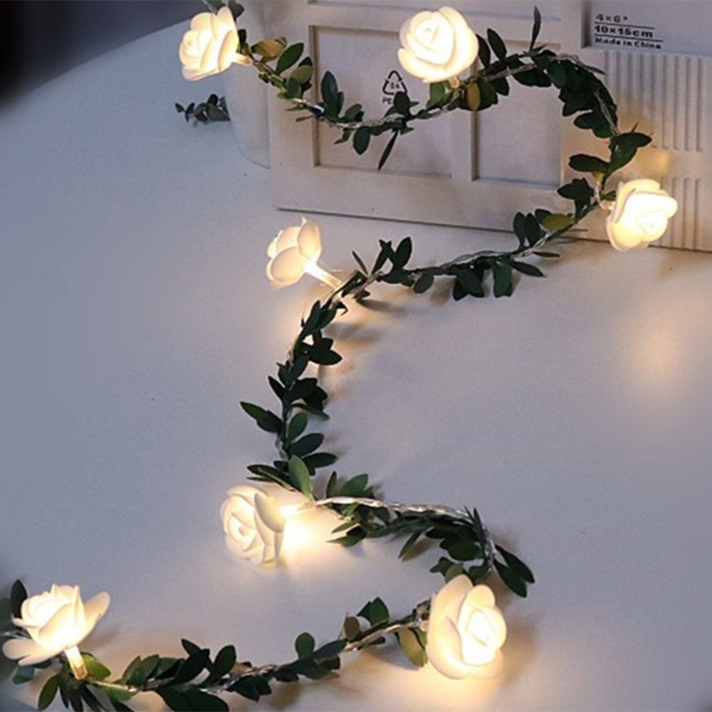 Enchanted Rose Vines: String LED Lights with Green Leaf Garland