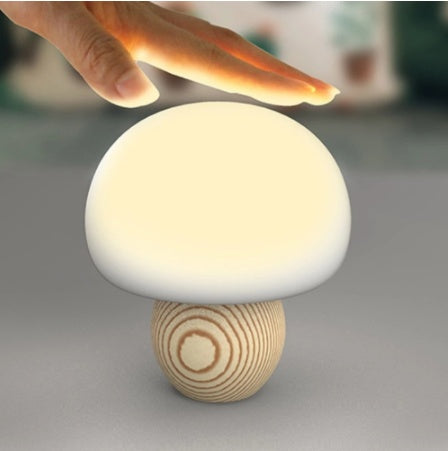 Mushroom Magic: Adjustable Brightness Silicone LED Night Lamp with Wooden Base