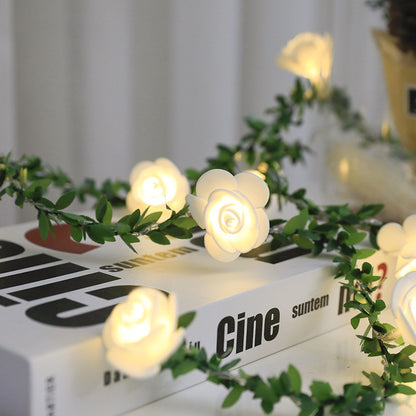 Enchanted Rose Vines: String LED Lights with Green Leaf Garland