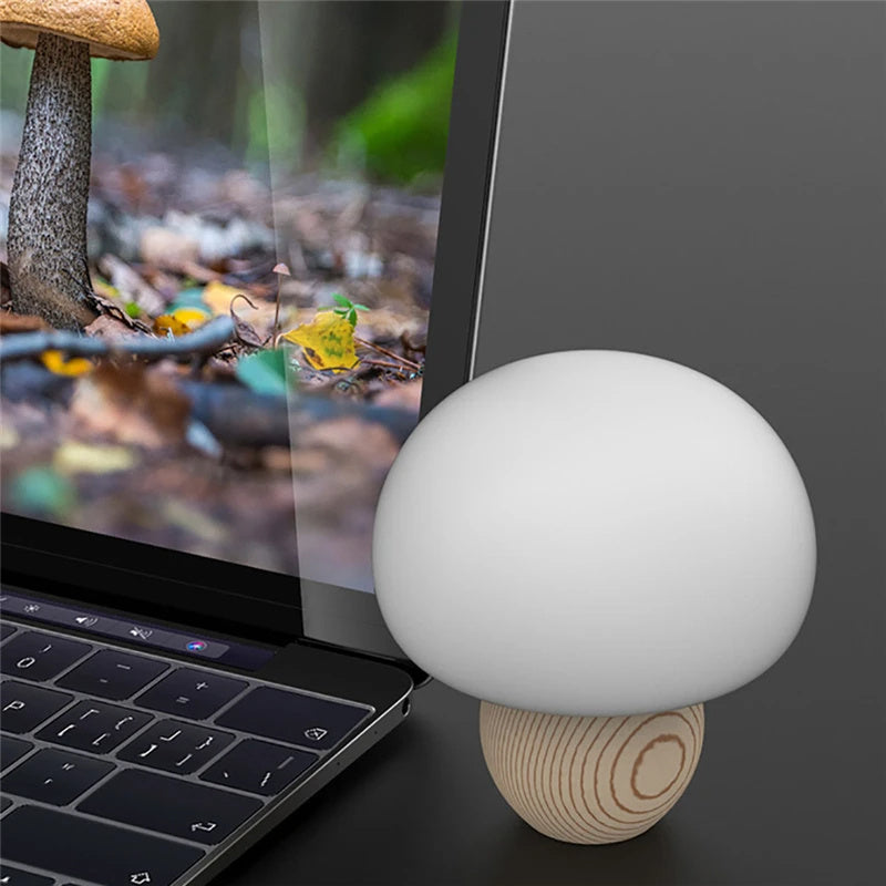 Mushroom Magic: Adjustable Brightness Silicone LED Night Lamp with Wooden Base