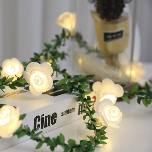 Enchanted Rose Vines: String LED Lights with Green Leaf Garland