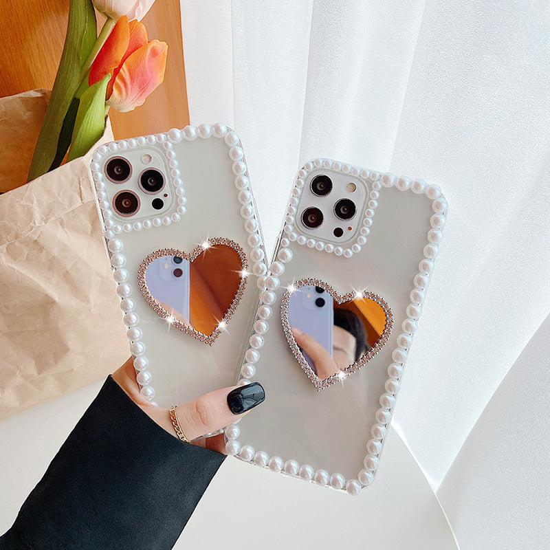 Love Reflection: Pearl and Rhinestone Heart Mirror Phone Case