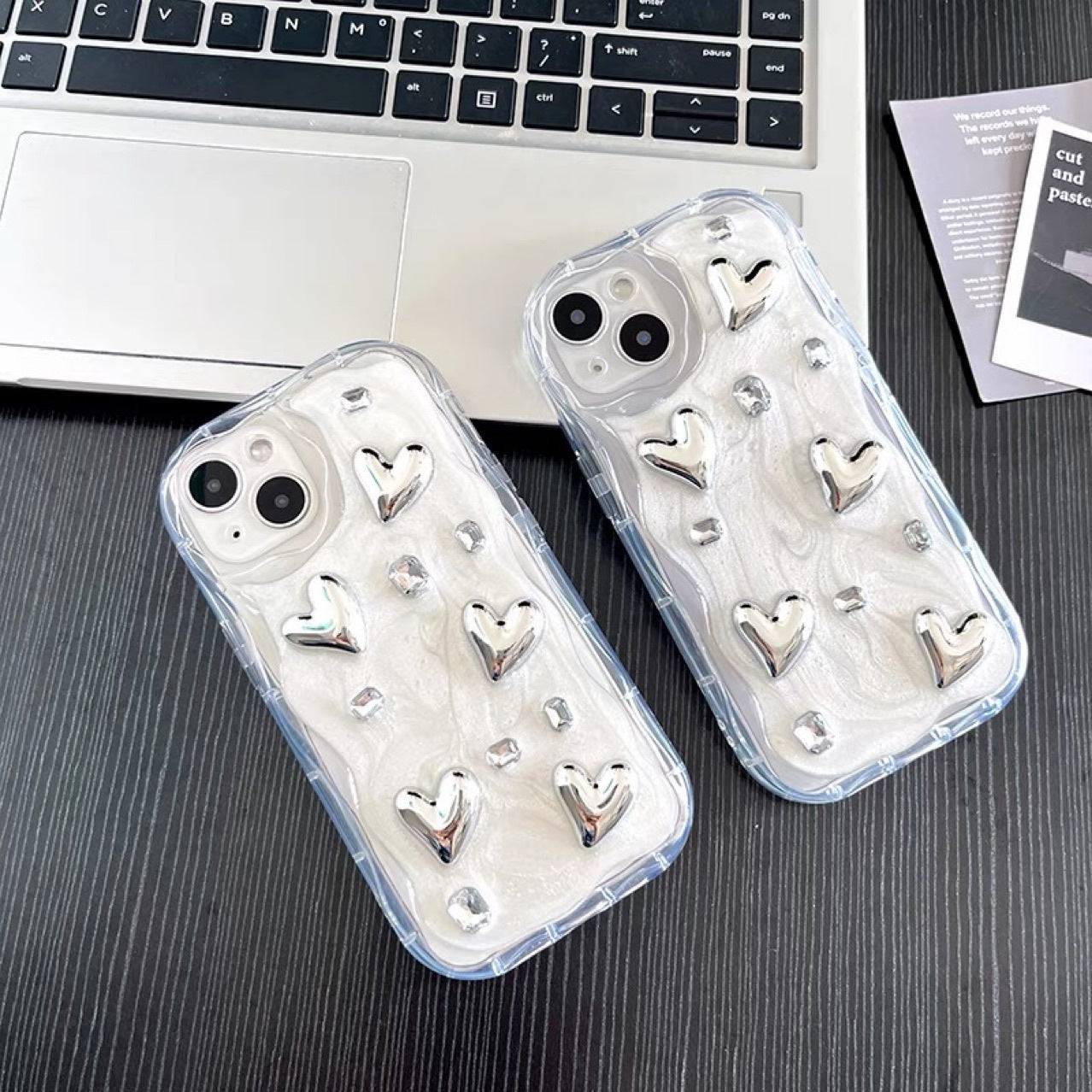 Silver Love Spark: Simple Stereo Glue Phone Case with Gem Detail