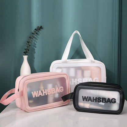 Clear Elegance: PU Transparent Three-Piece Makeup and Wash Bag Set - Large Capacity