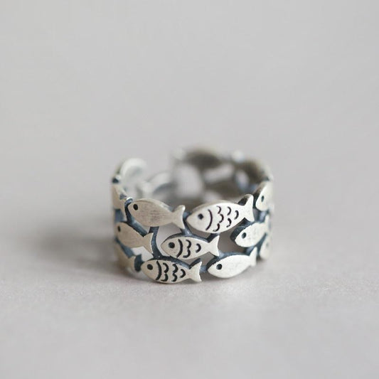 Fishy Charm: Cute Vintage Distressed Swimming Fish Adjustable Handmade Ring