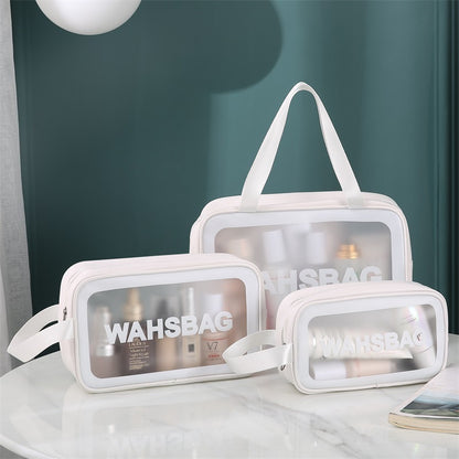 Clear Elegance: PU Transparent Three-Piece Makeup and Wash Bag Set - Large Capacity