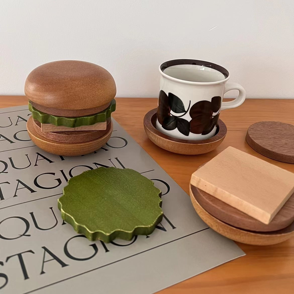 Burger Bliss: Wooden Hamburger Coaster Set (Six Pieces) Heat Proof Mats