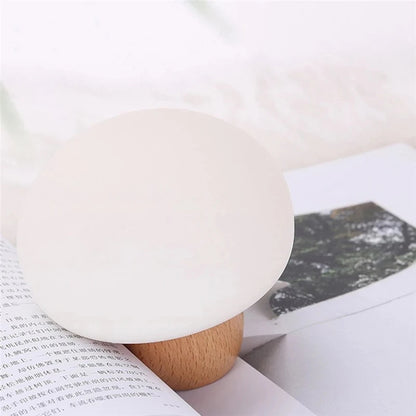 Mushroom Magic: Adjustable Brightness Silicone LED Night Lamp with Wooden Base