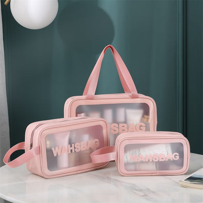 Clear Elegance: PU Transparent Three-Piece Makeup and Wash Bag Set - Large Capacity