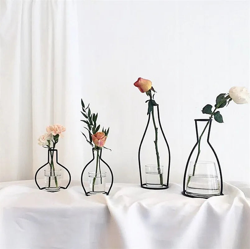 Retro Elegance: Minimal Iron Line Flower Vase Holder in Nordic Style (8 Shapes)