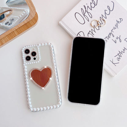 Love Reflection: Pearl and Rhinestone Heart Mirror Phone Case