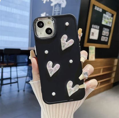 Pearl Heart Whispers: Pleated Mobile Phone Shell with Dainty Pearls