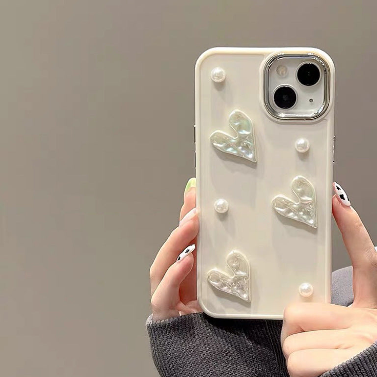 Pearl Heart Whispers: Pleated Mobile Phone Shell with Dainty Pearls