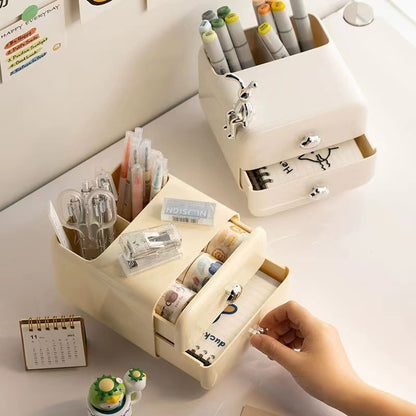 Sweet Storage: Creamy Drawer Pen Holder with Multi-Function Charm