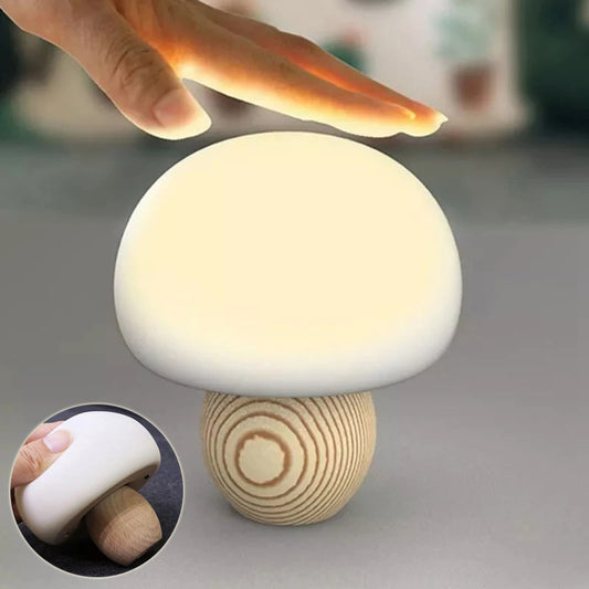 Mushroom Magic: Adjustable Brightness Silicone LED Night Lamp with Wooden Base